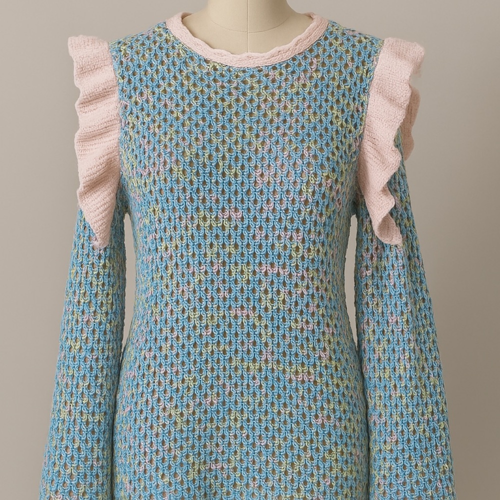 Blue and Pink Knit Sweater with Ruffle Details